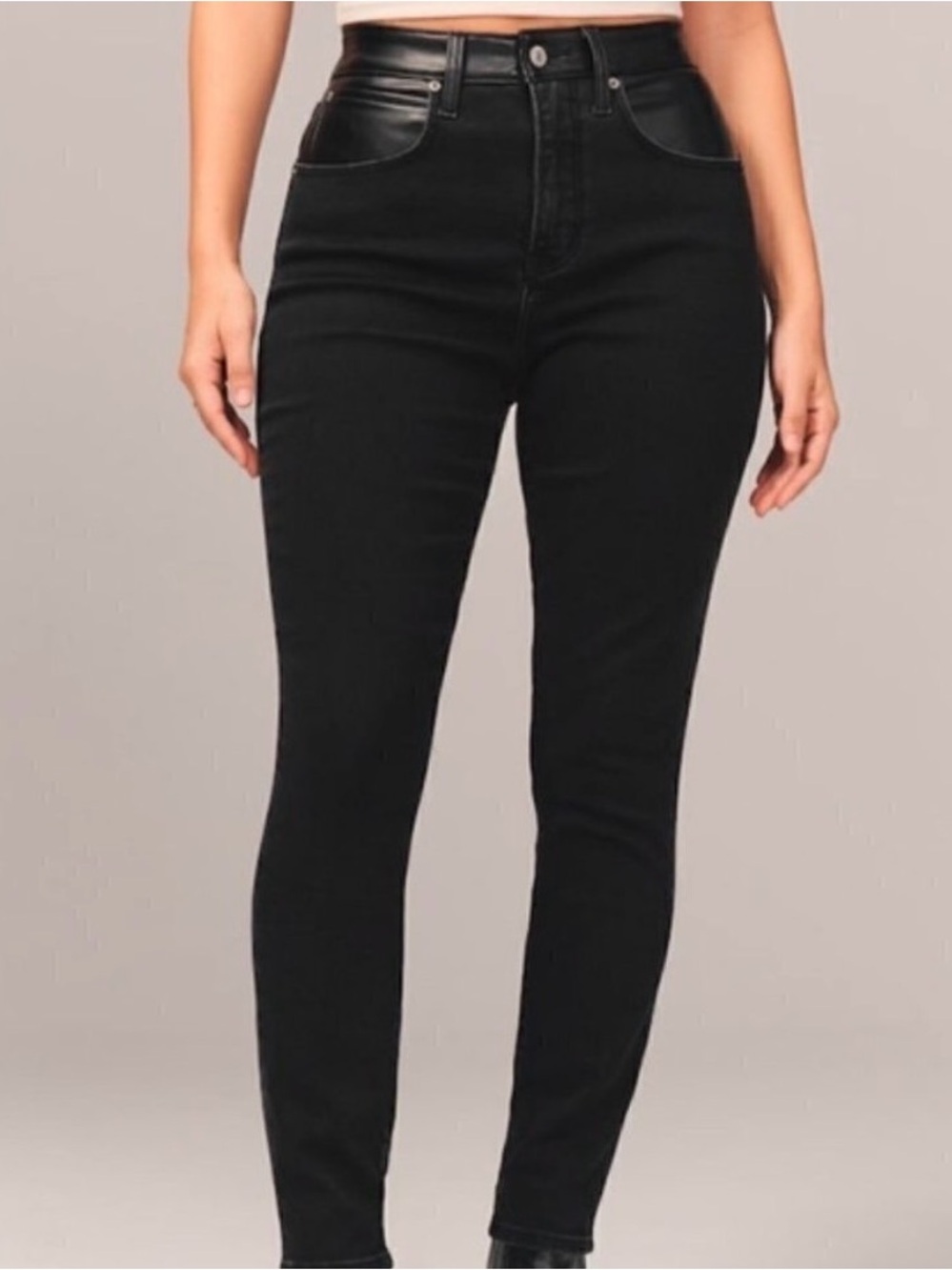 Abercrombie Women's Black High-Waist Skinny Jeans with Faux Leather Waist